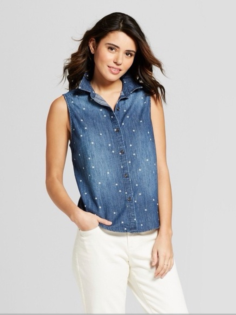 Universal Thread Sleeveless Denim Shirt Embroidered Star Print Size XXL western